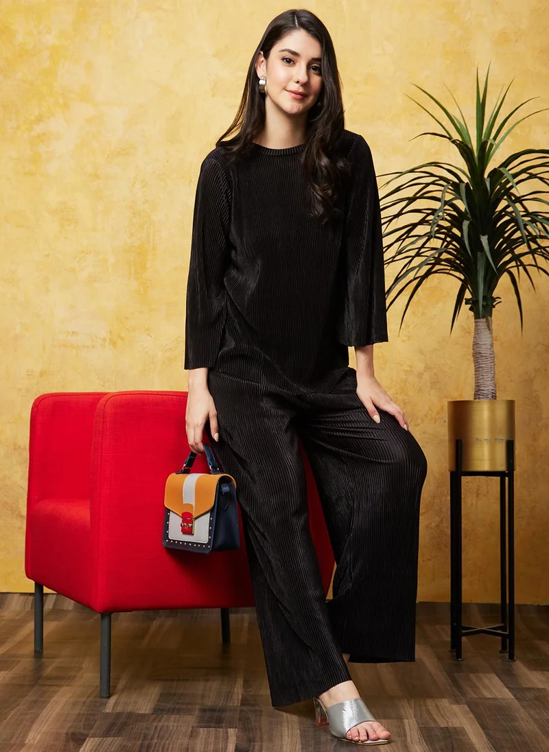 جلو باص طقم نسائي أسود سادة كاجوال بالازو